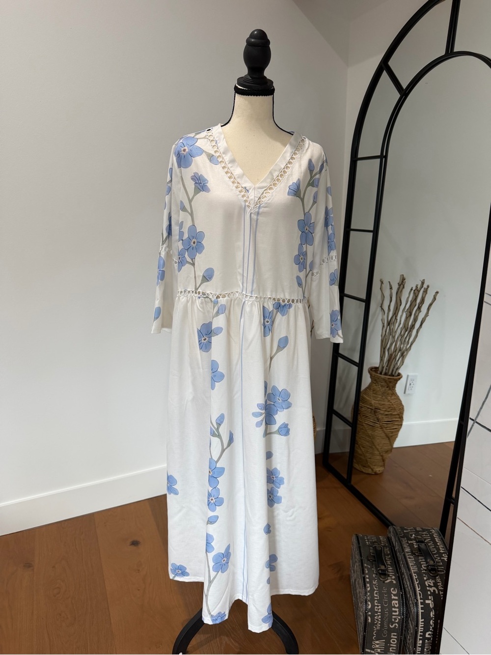 White Maxi Dress with Blue Floral Print